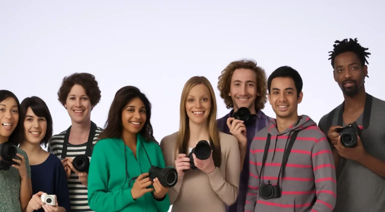 A group of diverse photographers belonging to a photographer association.