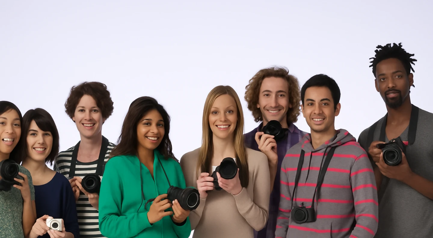A group of diverse photographers belonging to a photographer association.