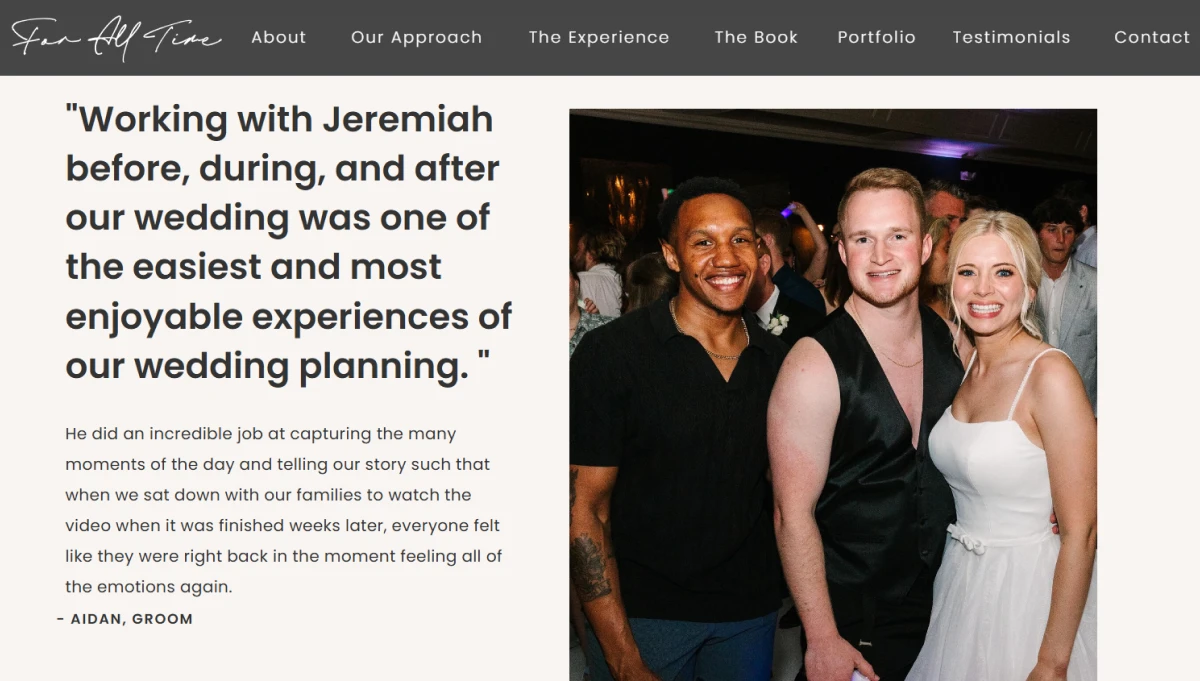 An example of Wedding Videographer Jeremiah's testimonial page.