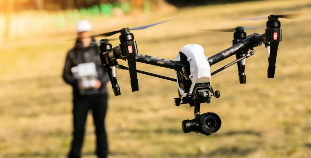 Close-up of a camera drone in flight with the drone pilot out of focus in the background.