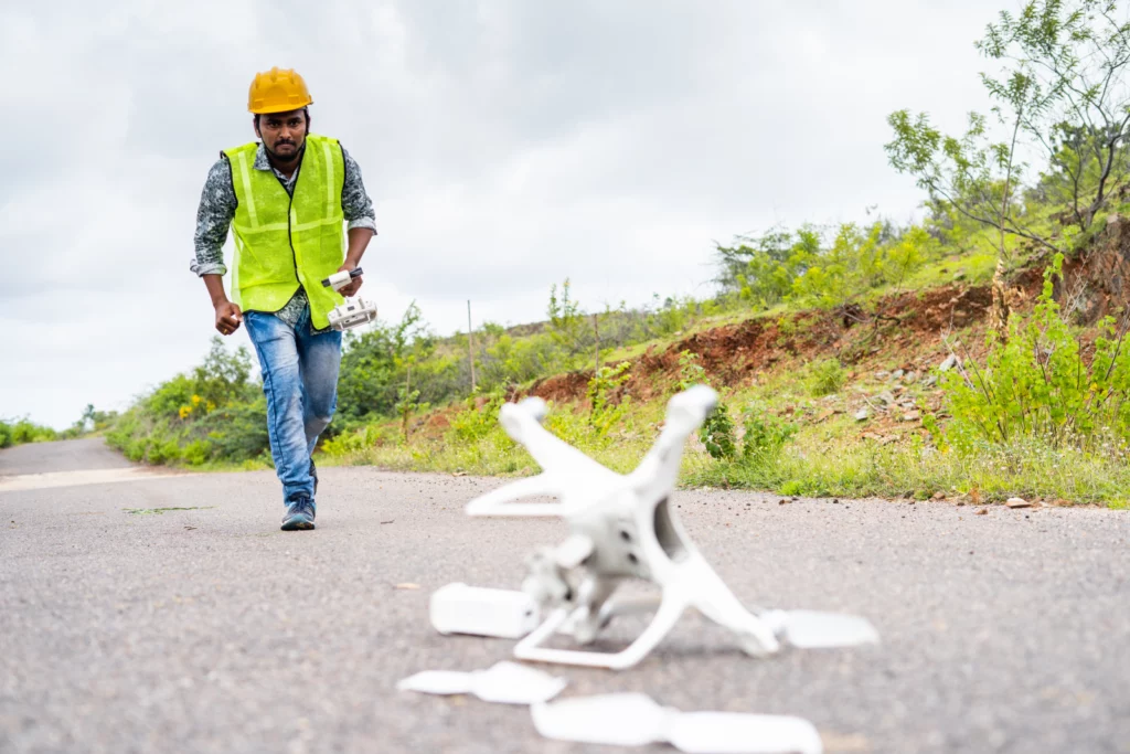 Man in construction uniform and helmet running toward drone thats broken on the street
